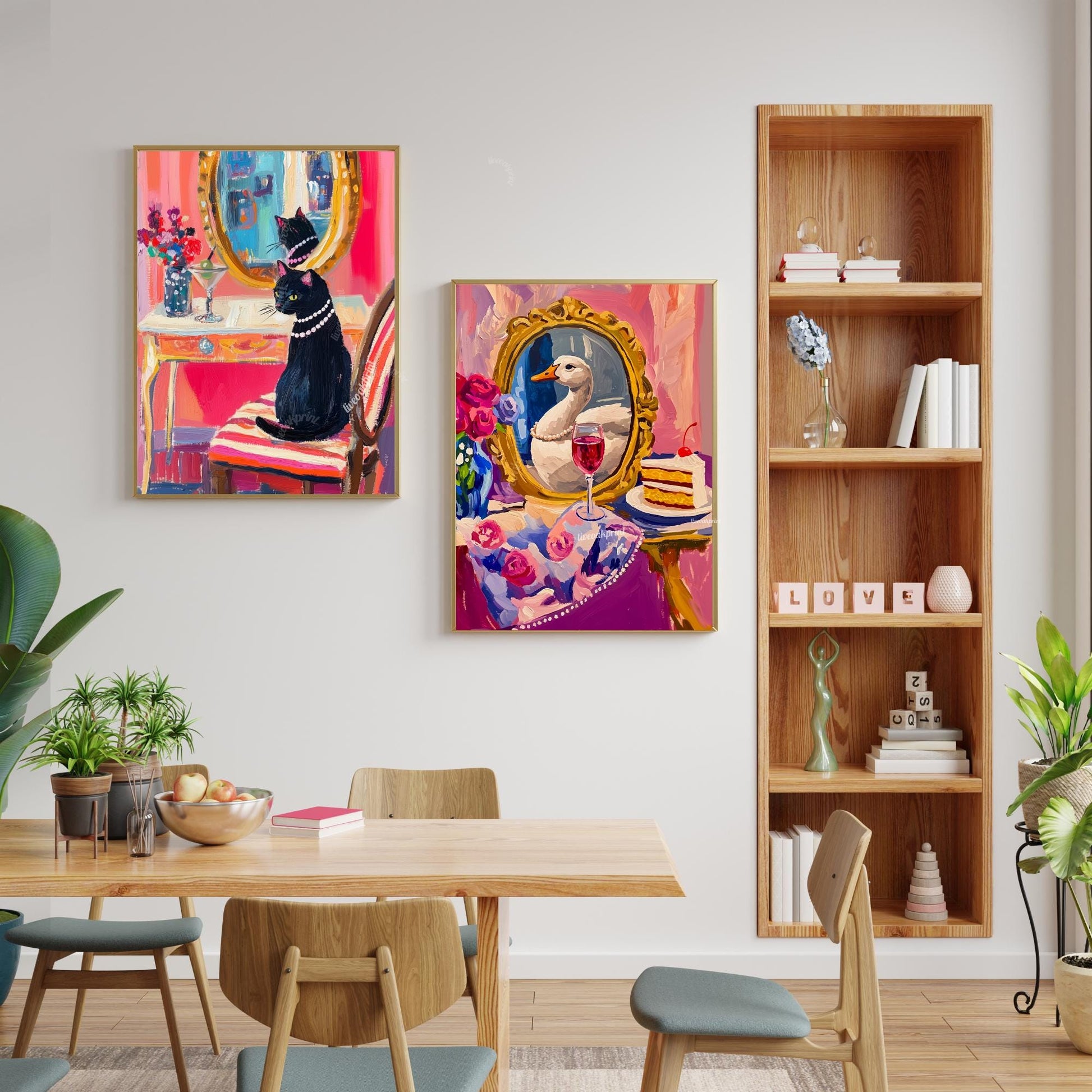 Black Cat Vanity Print – Martini Cat Wall Art – Maximalist Glam Cat Decor – Whimsical Cat Painting – Bar Cart, Bathroom, or Bedroom Art