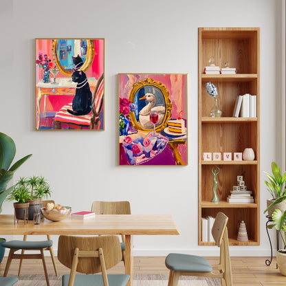 Black Cat Vanity Print – Martini Cat Wall Art – Maximalist Glam Cat Decor – Whimsical Cat Painting – Bar Cart, Bathroom, or Bedroom Art