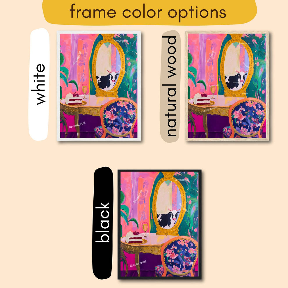 Unhinged Luxury Cow Print – Maximalist Cow Wall Art – Whimsical Vanity Scene with Cake & Gold Mirror – Eclectic Kitchen, Bathroom, or Bar