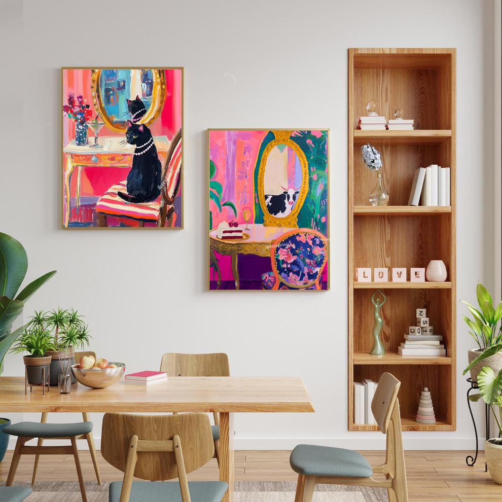 Unhinged Luxury Cow Print – Maximalist Cow Wall Art – Whimsical Vanity Scene with Cake & Gold Mirror – Eclectic Kitchen, Bathroom, or Bar