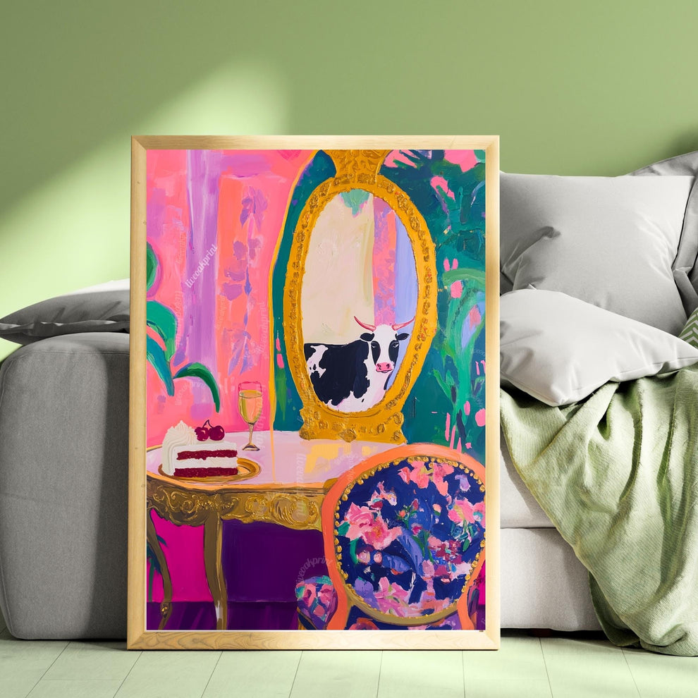 Unhinged Luxury Cow Print – Maximalist Cow Wall Art – Whimsical Vanity Scene with Cake & Gold Mirror – Eclectic Kitchen, Bathroom, or Bar