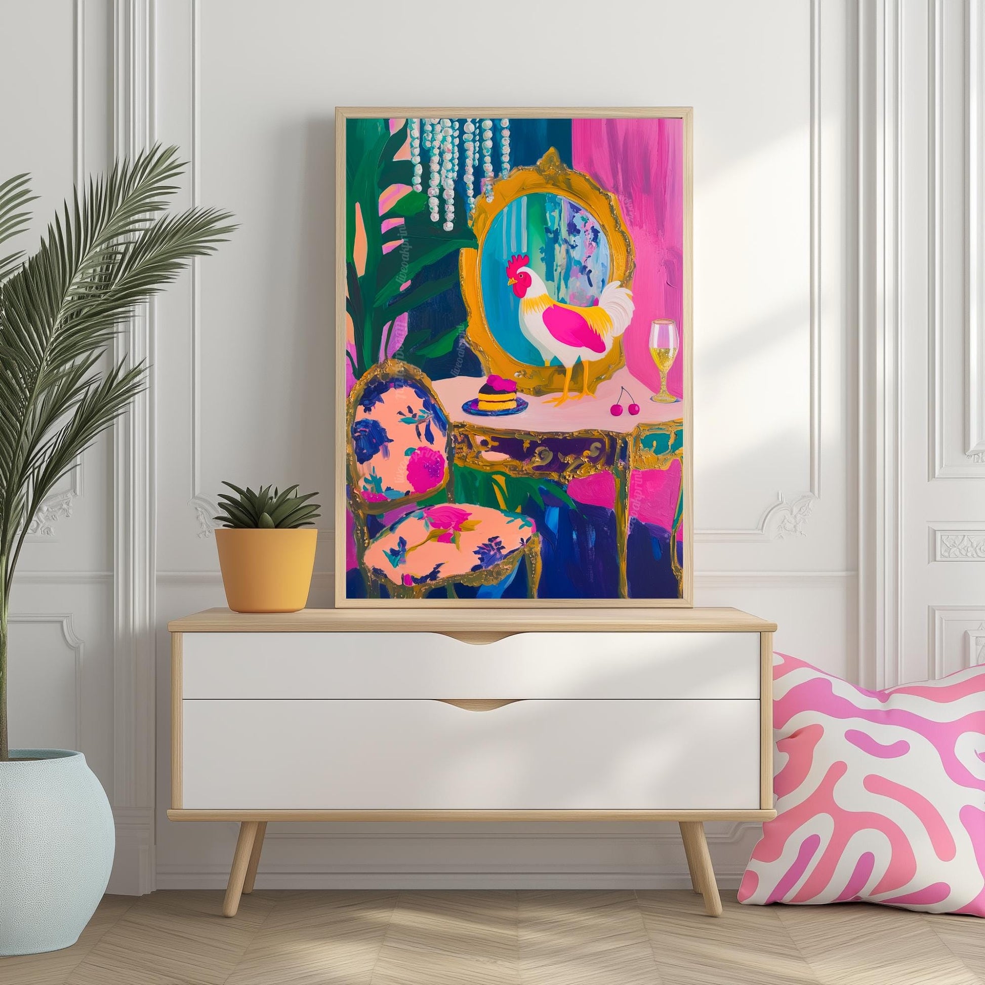 Unapologetic Chicken Might Step In Your Desserts - Maximalist Vanity Print – Farm Animal Rooster Decor – Funny Wall Art – Bold Art Print