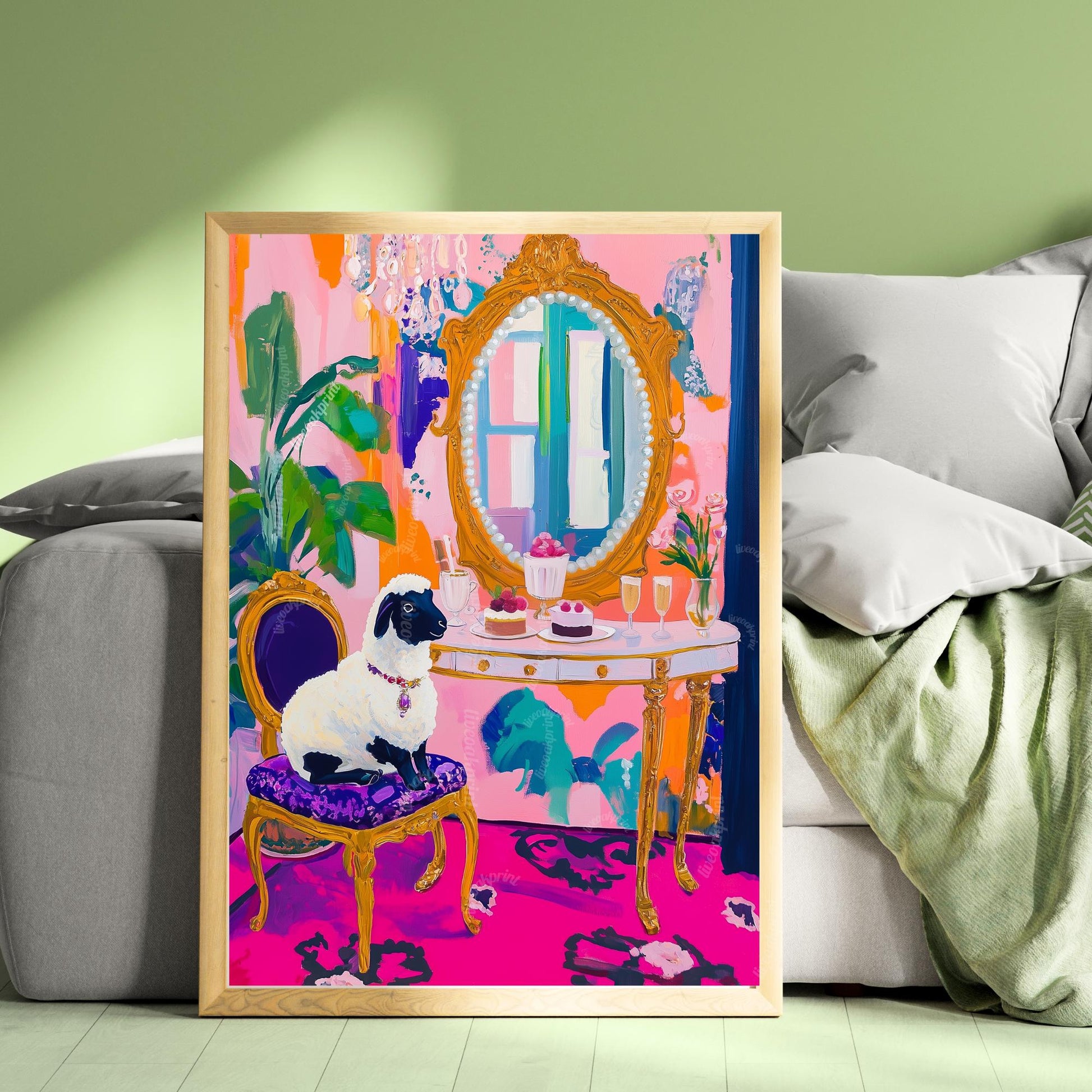 Sheep In Jeweled Necklace Is Excited To Destroy Your Evening Plans- Maximalist Glam Animal Print – Funny Whimsical Sheep Art Gallery Wall