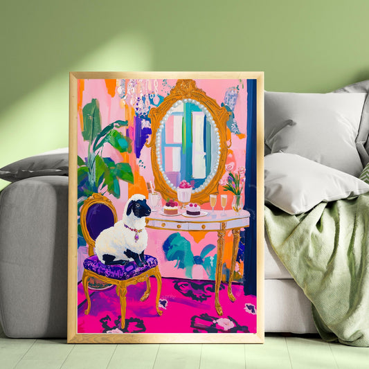 Sheep In Jeweled Necklace Is Excited To Destroy Your Evening Plans- Maximalist Glam Animal Print – Funny Whimsical Sheep Art Gallery Wall