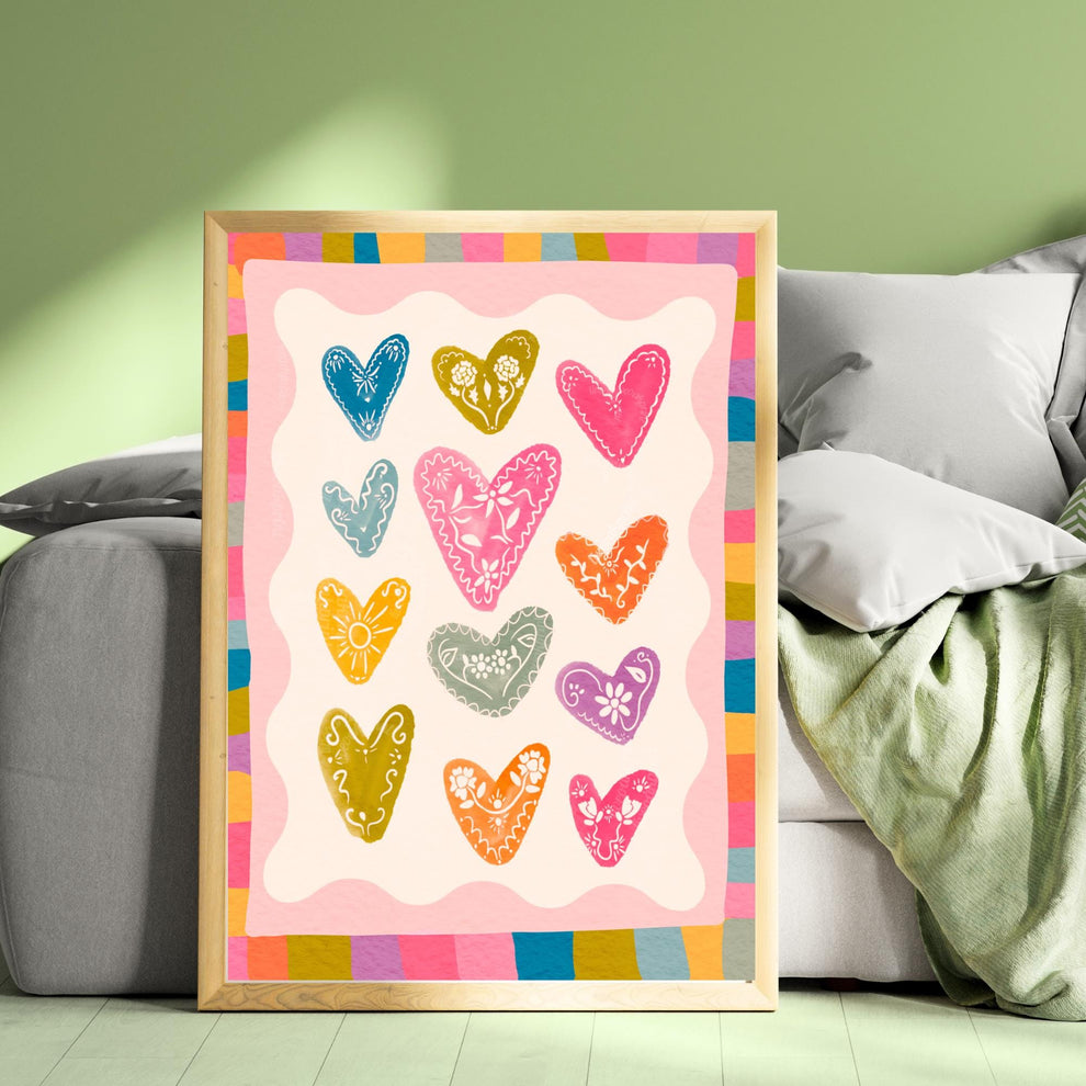 Colorful Heart Art Print – Whimsical Patchwork Heart Wall Art – Playful Colorful Print – Coquette Room Decor – Bright Bold Maximalist Art