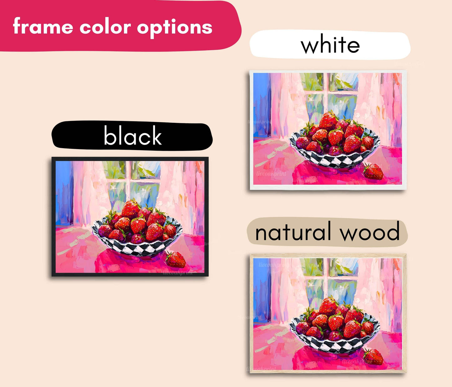 Strawberry Kitchen Print – Colorful Checkerboard Bowl Art – Pink Retro Fruit Wall Art – Maximalist Kitchen Decor – Cottagecore Fruit Print