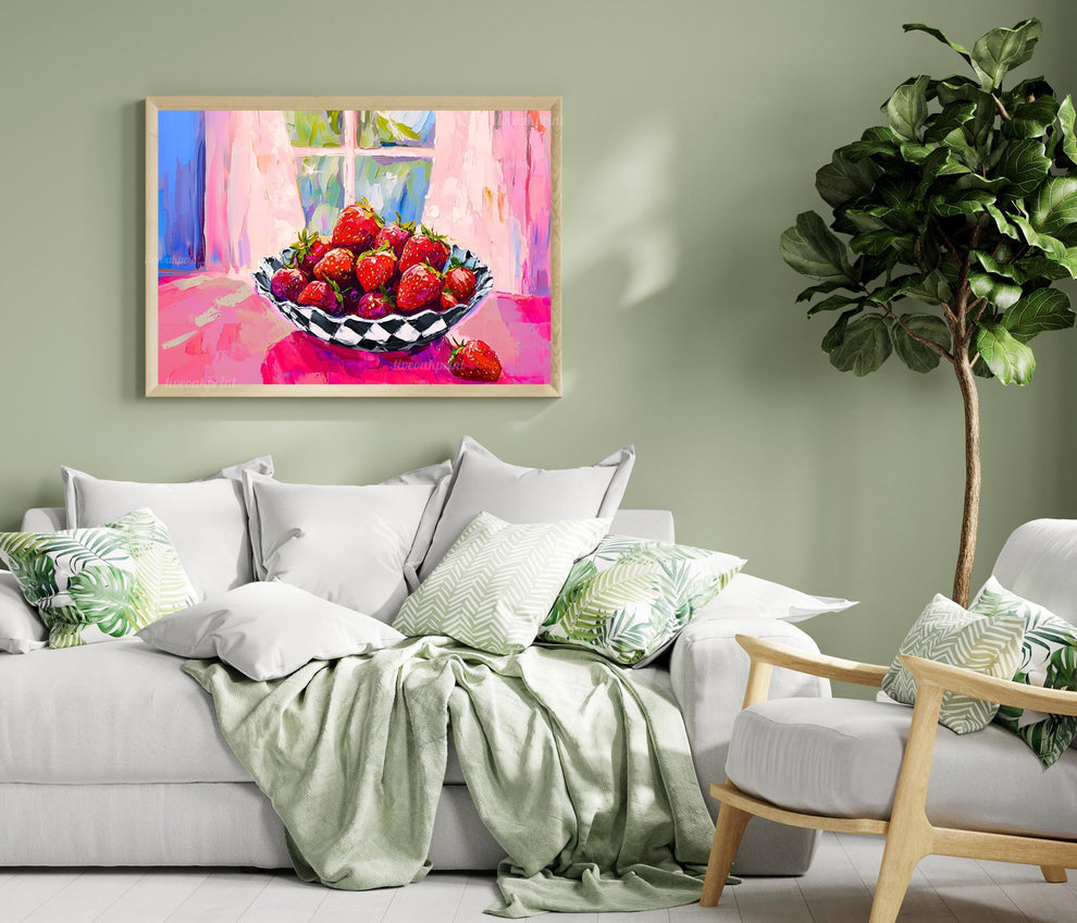 Strawberry Kitchen Print – Colorful Checkerboard Bowl Art – Pink Retro Fruit Wall Art – Maximalist Kitchen Decor – Cottagecore Fruit Print