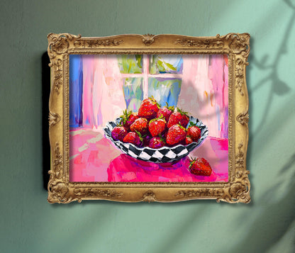Strawberry Kitchen Print – Colorful Checkerboard Bowl Art – Pink Retro Fruit Wall Art – Maximalist Kitchen Decor – Cottagecore Fruit Print