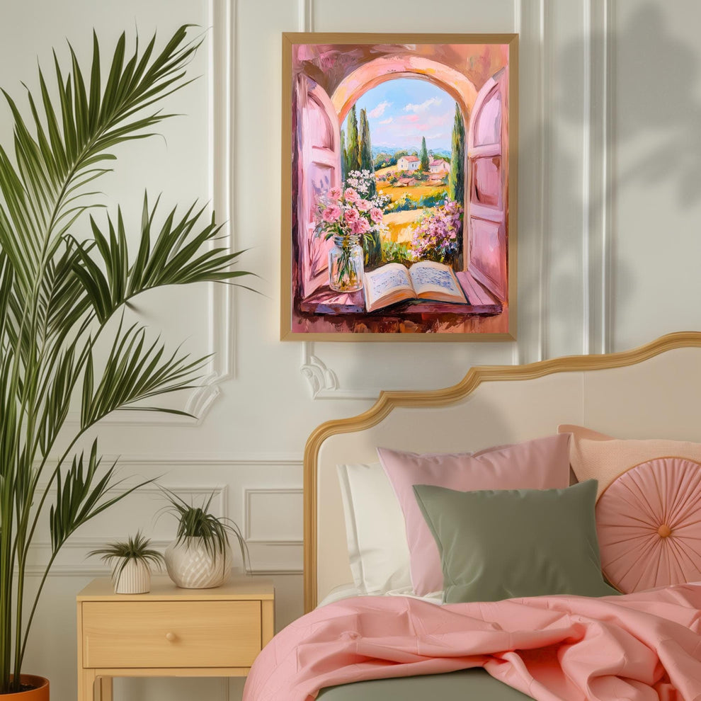 Romantic Chateaucore Wall Art – French Countryside Window View with Book and Flowers – Cottagecore Pastel Landscape Print