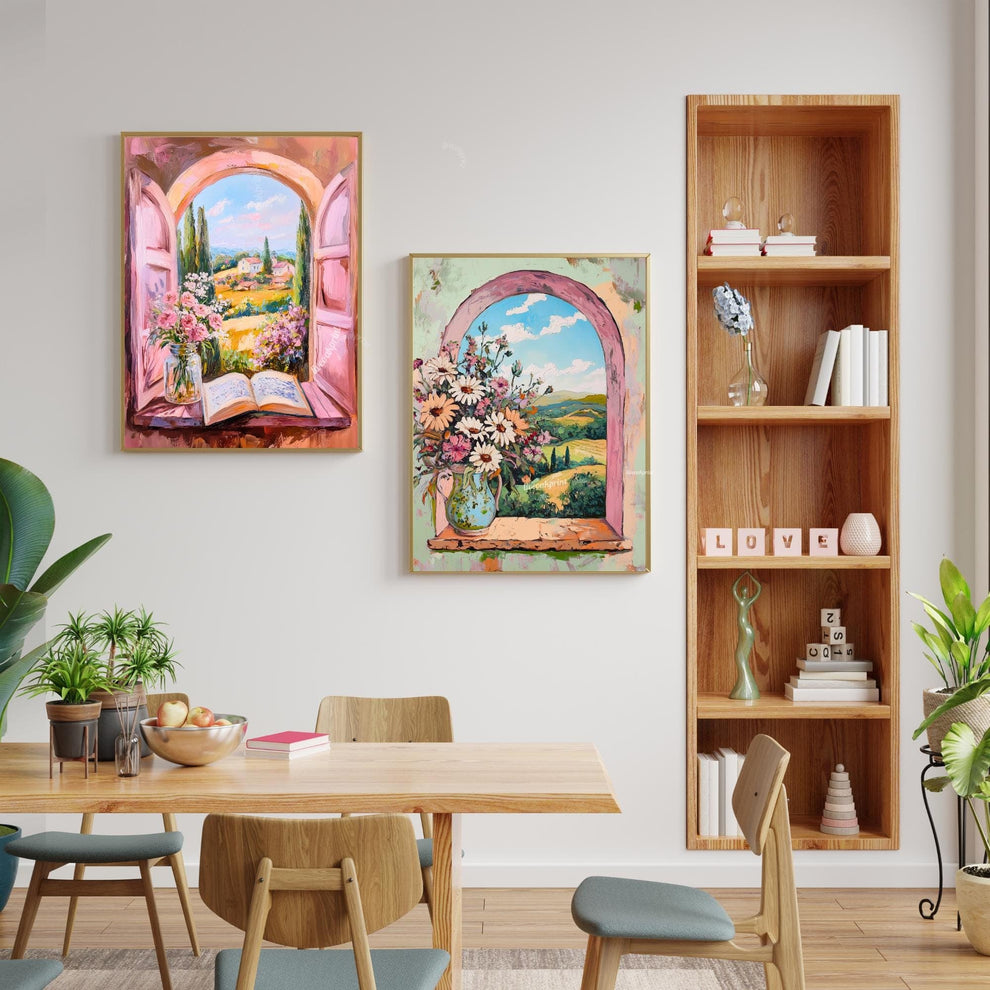 Romantic Chateaucore Wall Art – French Countryside Window View with Book and Flowers – Cottagecore Pastel Landscape Print
