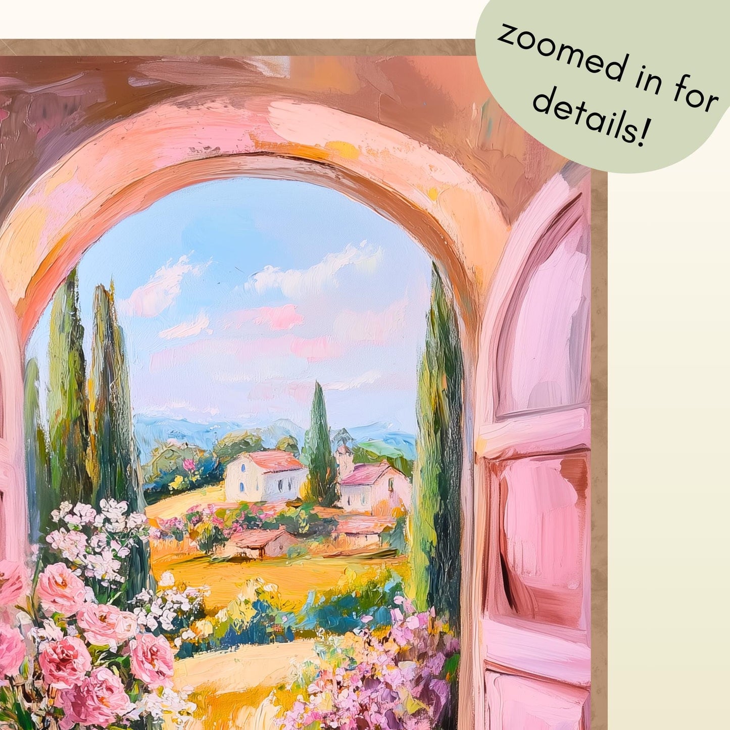 Romantic Chateaucore Wall Art – French Countryside Window View with Book and Flowers – Cottagecore Pastel Landscape Print