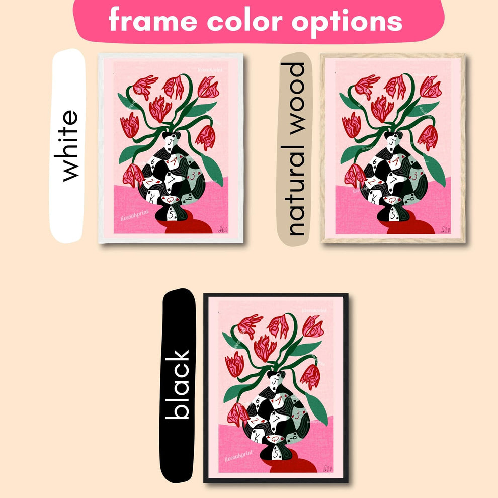 Poker Vase Wall Art – Bold Playing Card Vase Print – Funky Tulip Floral Print – Abstract Modern Decor – Pink and Green Maximalist Wall Art