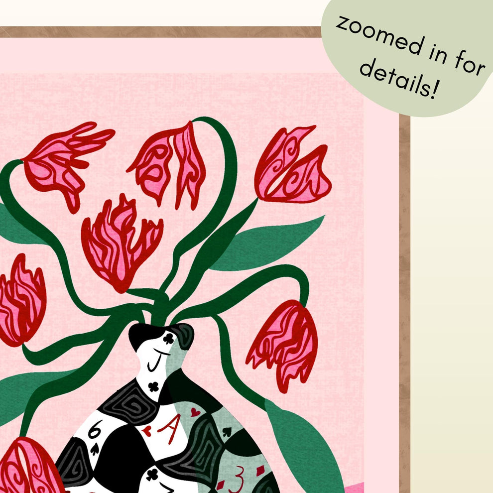 Poker Vase Wall Art – Bold Playing Card Vase Print – Funky Tulip Floral Print – Abstract Modern Decor – Pink and Green Maximalist Wall Art