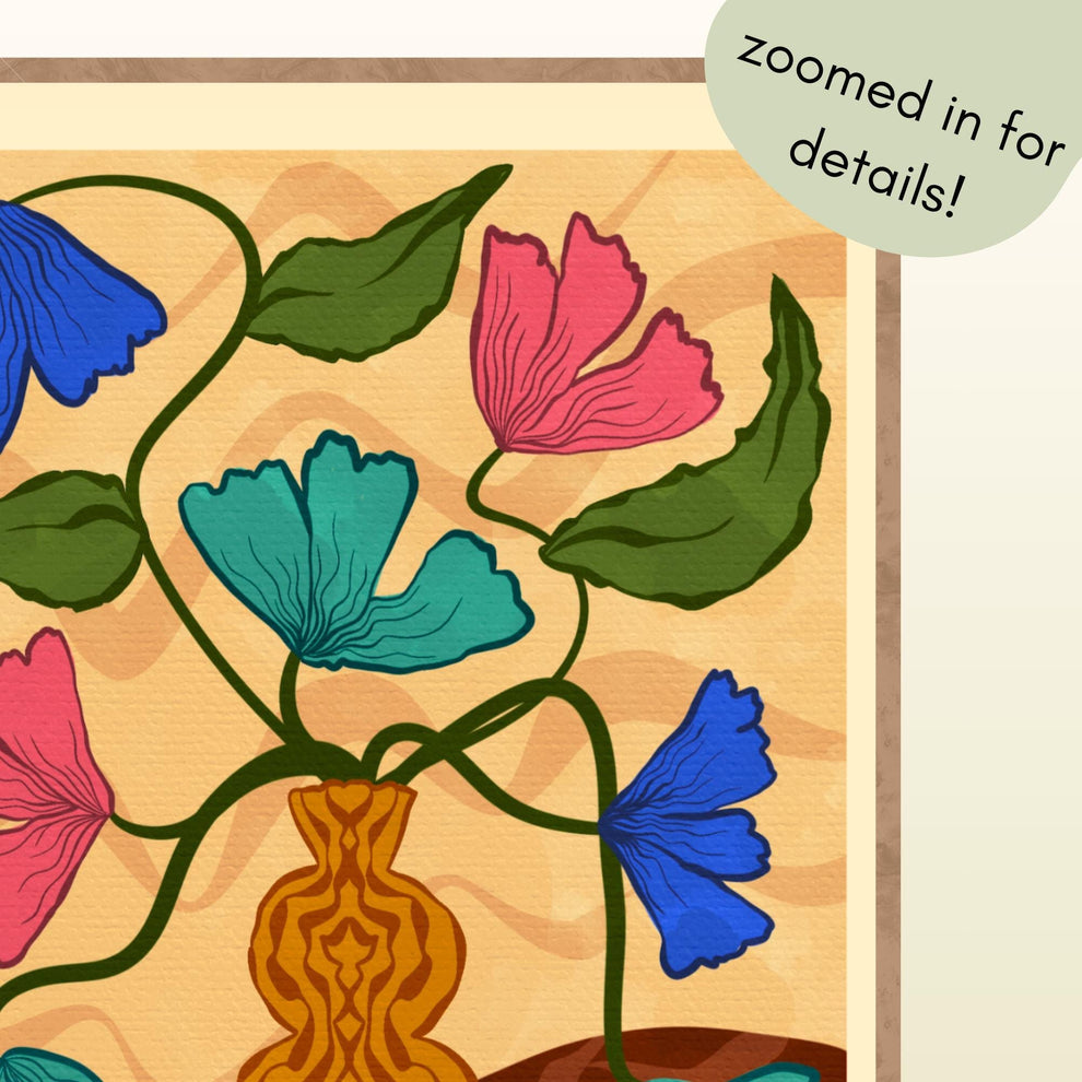 Retro Vase Floral Wall Art – Earth Tone Flower Print – Vintage Botanical Print – Maximalist Wall Art – Funky Flower Art 70s Style Decor