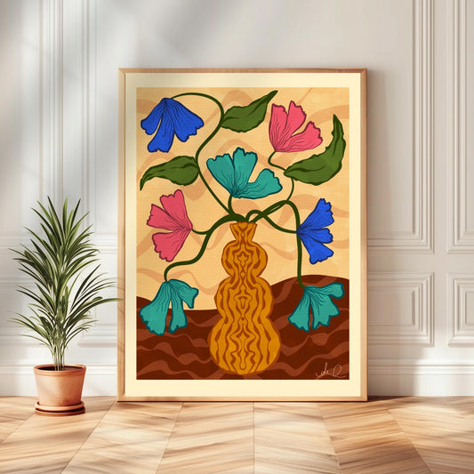 Retro Vase Floral Wall Art – Earth Tone Flower Print – Vintage Botanical Print – Maximalist Wall Art – Funky Flower Art 70s Style Decor