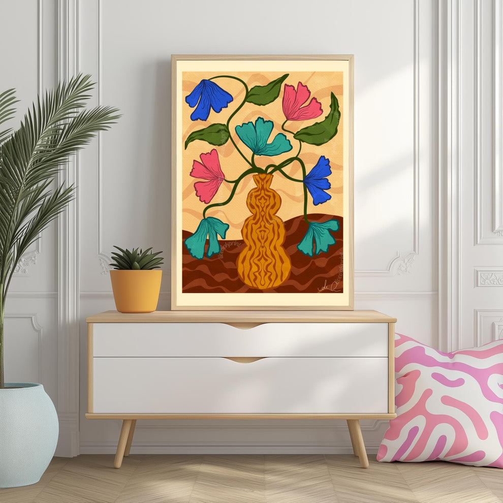 Retro Vase Floral Wall Art – Earth Tone Flower Print – Vintage Botanical Print – Maximalist Wall Art – Funky Flower Art 70s Style Decor