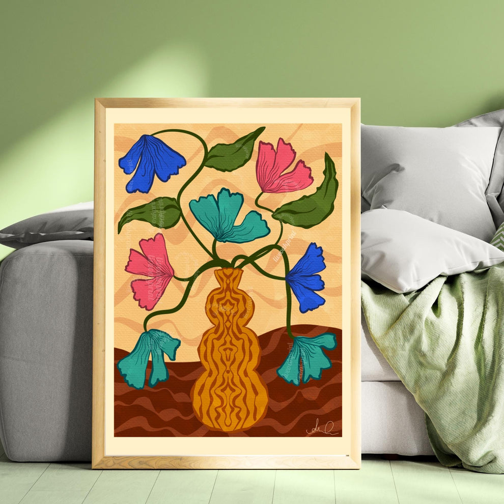 Retro Vase Floral Wall Art – Earth Tone Flower Print – Vintage Botanical Print – Maximalist Wall Art – Funky Flower Art 70s Style Decor