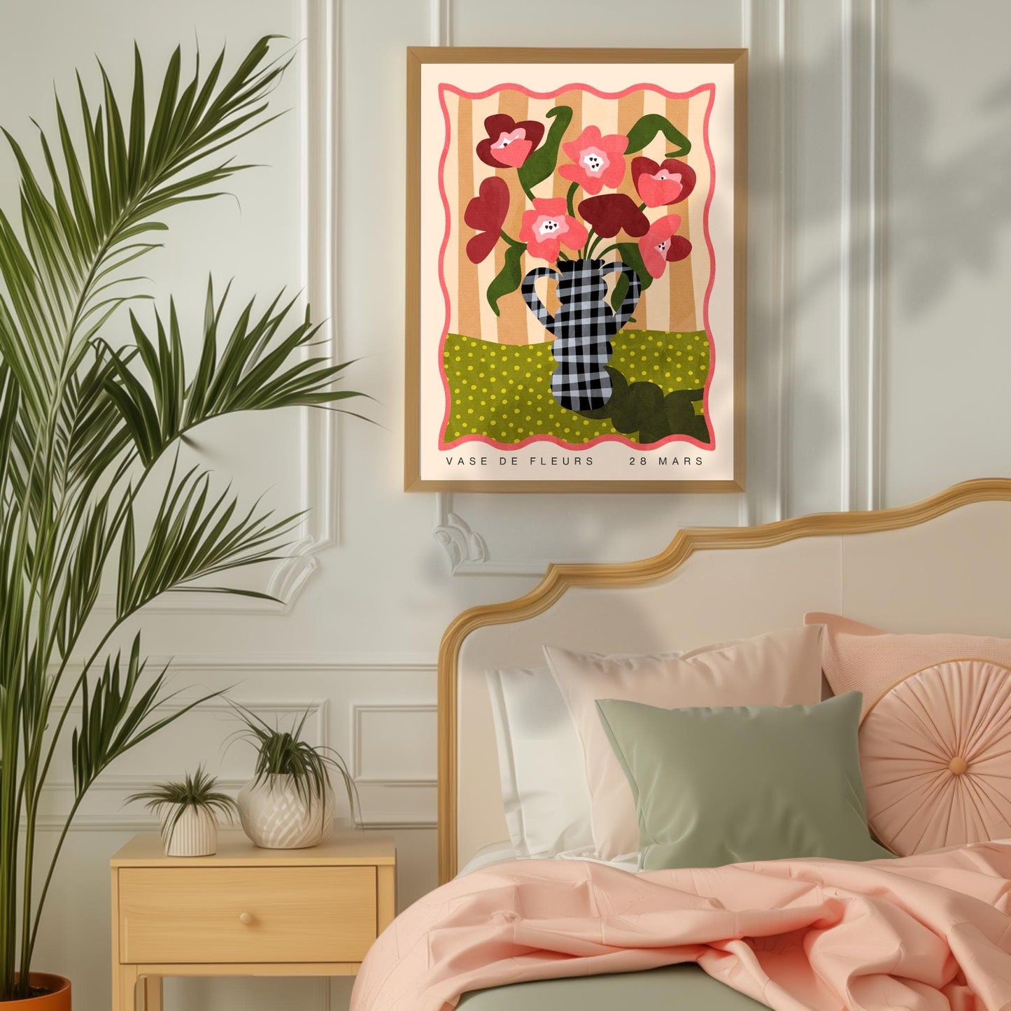 Gingham Vase and Flowers Print – Chateaucore Wall Art – French Vintage Decor – Playful Maximalist Poster, French Countryside Apartment Decor