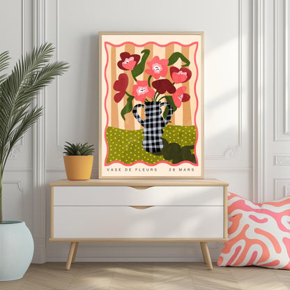 Gingham Vase and Flowers Print – Chateaucore Wall Art – French Vintage Decor – Playful Maximalist Poster, French Countryside Apartment Decor