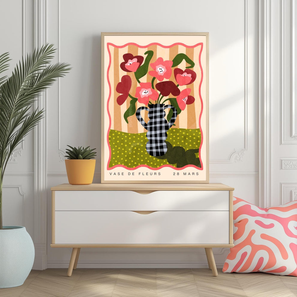 Gingham Vase and Flowers Print – Chateaucore Wall Art – French Vintage Decor – Playful Maximalist Poster, French Countryside Apartment Decor