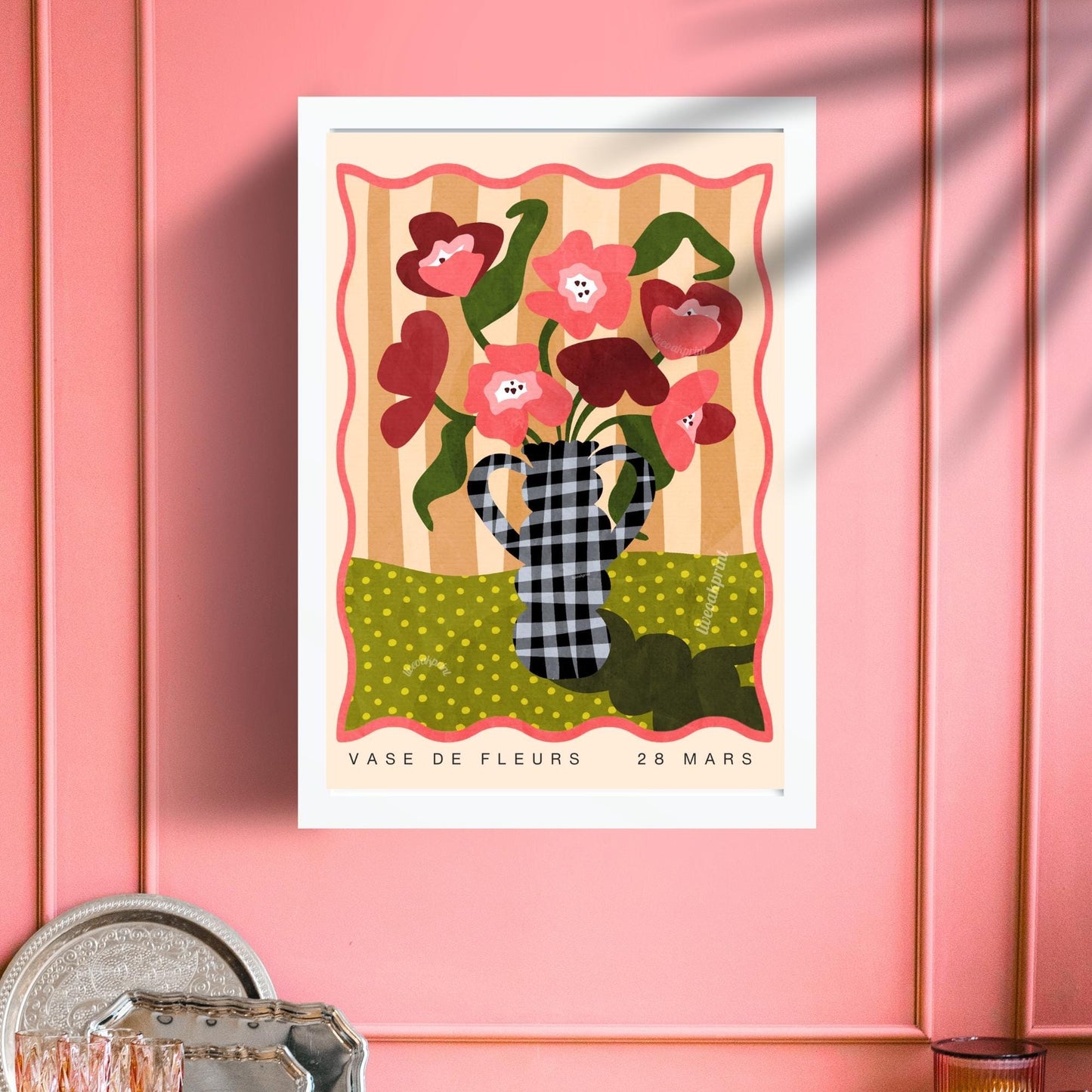Gingham Vase and Flowers Print – Chateaucore Wall Art – French Vintage Decor – Playful Maximalist Poster, French Countryside Apartment Decor