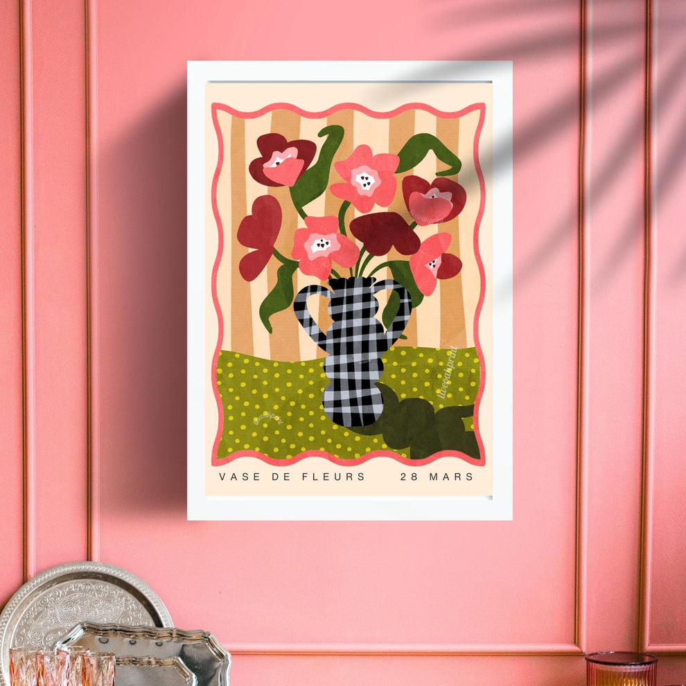 Gingham Vase and Flowers Print – Chateaucore Wall Art – French Vintage Decor – Playful Maximalist Poster, French Countryside Apartment Decor