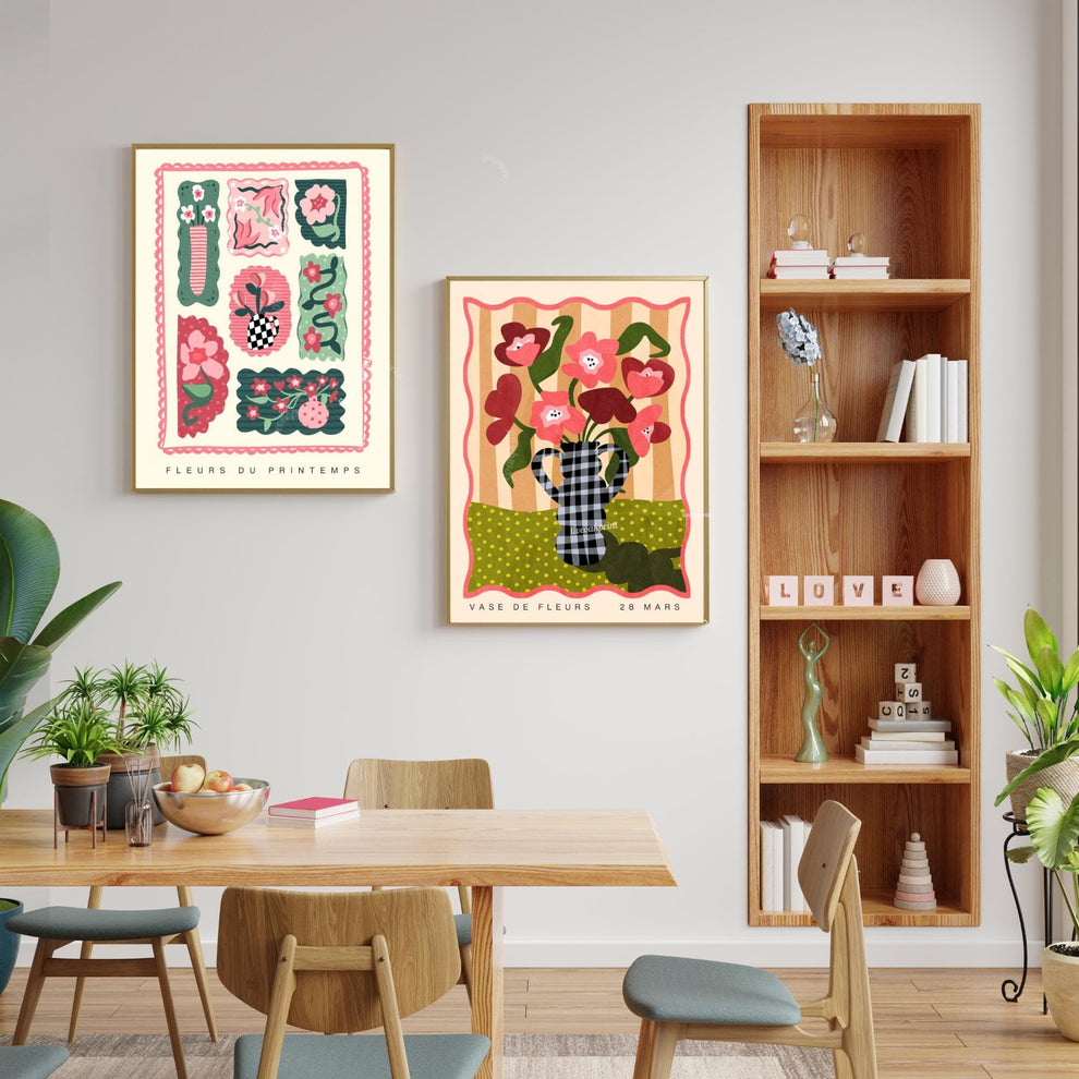 Gingham Vase and Flowers Print – Chateaucore Wall Art – French Vintage Decor – Playful Maximalist Poster, French Countryside Apartment Decor