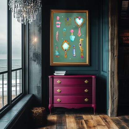 Vanity Relics Art Print – Messy Coquette Aesthetic – Vintage Perfume Wall Art – Feminine Gothic Decor – Baroque Print