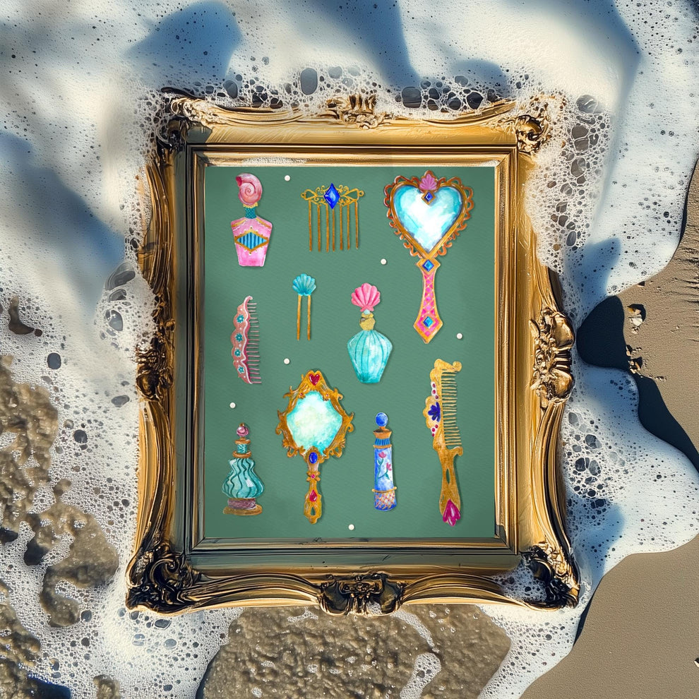 Vanity Relics Art Print – Messy Coquette Aesthetic – Vintage Perfume Wall Art – Feminine Gothic Decor – Baroque Print