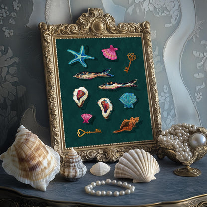 Cabinet of Sea Curiosities – Dark Coastal Decor Print, Surreal Mermaidcore Wall Art, Vintage Shell & Fish Illustration, Maximalist Ocean