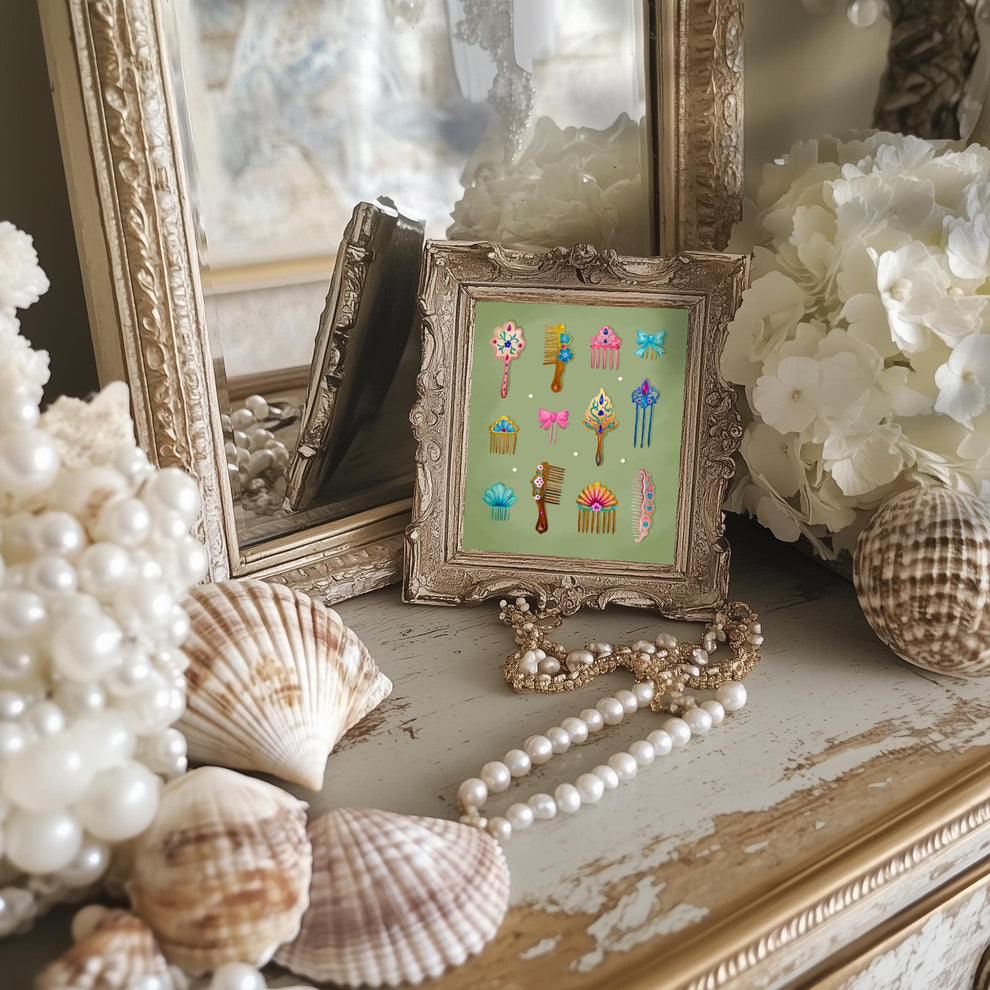 Mermaid Combs Wall Art – Surreal Vintage Hair Comb Art Print, Ocean Coquette Wall Decor, Whimsical Mermaidcore Beauty Art