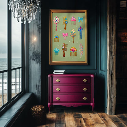 Mermaid Combs Wall Art – Surreal Vintage Hair Comb Art Print, Ocean Coquette Wall Decor, Whimsical Mermaidcore Beauty Art