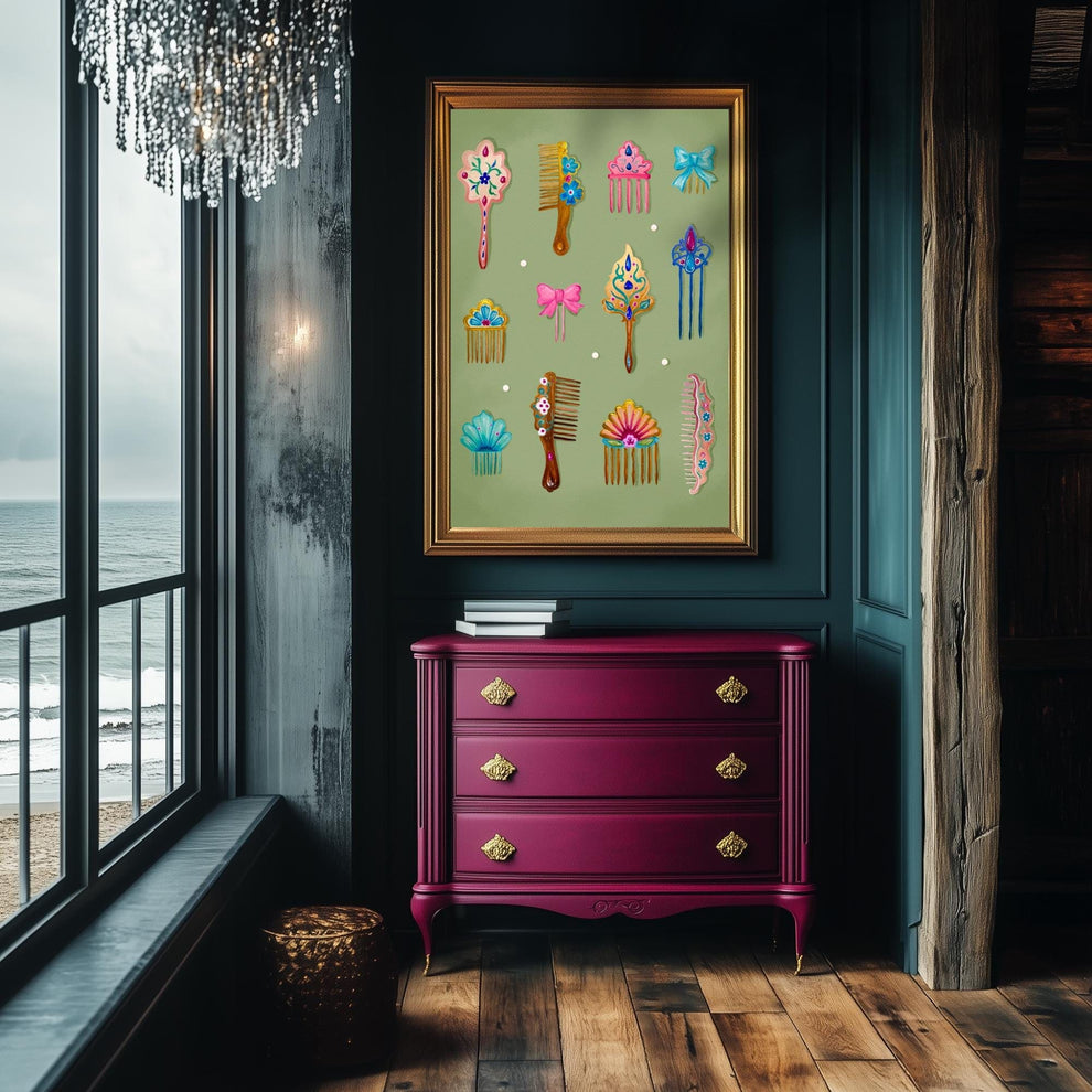 Mermaid Combs Wall Art – Surreal Vintage Hair Comb Art Print, Ocean Coquette Wall Decor, Whimsical Mermaidcore Beauty Art