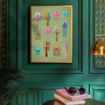 Mermaid Combs Wall Art – Surreal Vintage Hair Comb Art Print, Ocean Coquette Wall Decor, Whimsical Mermaidcore Beauty Art