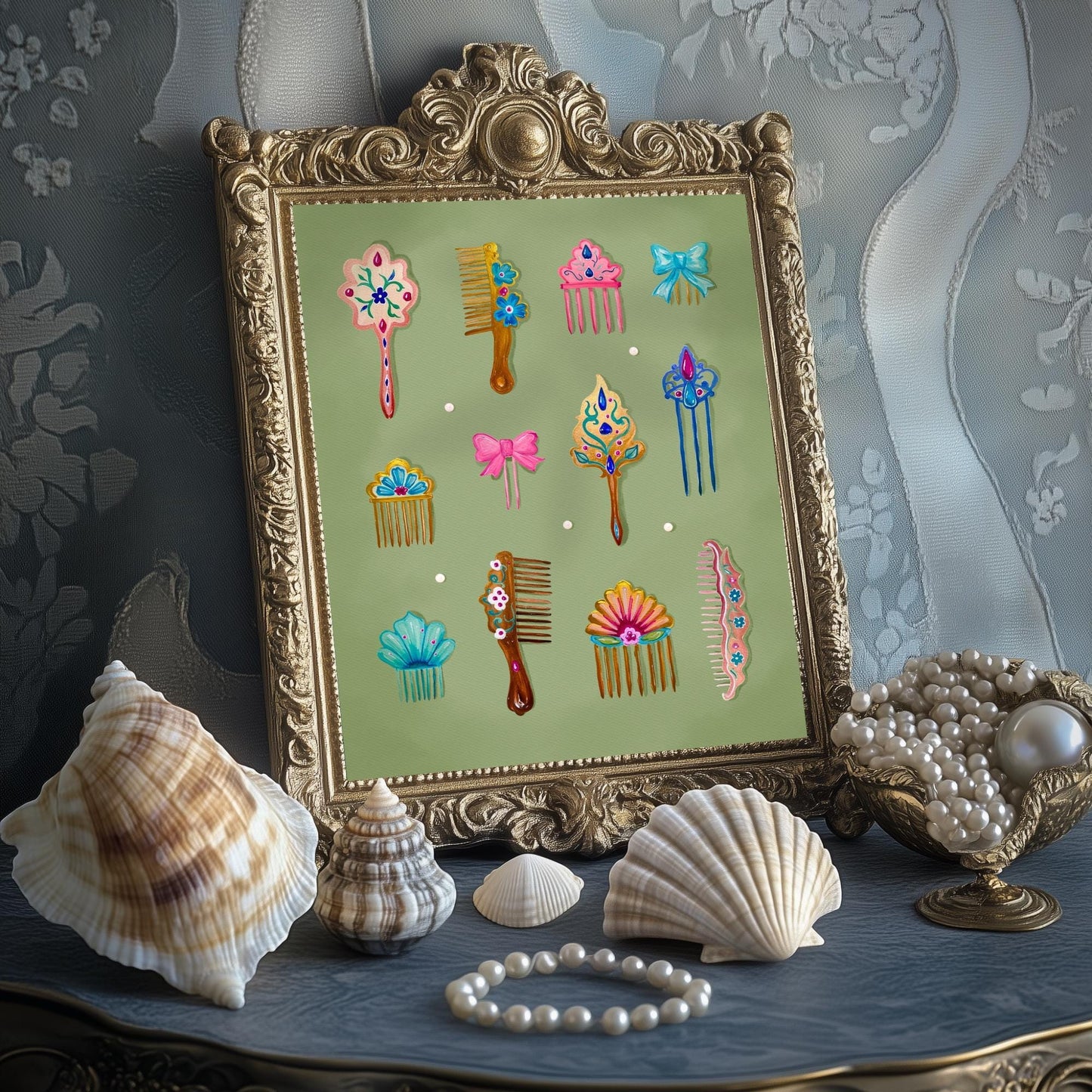 Mermaid Combs Wall Art – Surreal Vintage Hair Comb Art Print, Ocean Coquette Wall Decor, Whimsical Mermaidcore Beauty Art