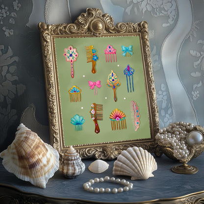 Mermaid Combs Wall Art – Surreal Vintage Hair Comb Art Print, Ocean Coquette Wall Decor, Whimsical Mermaidcore Beauty Art