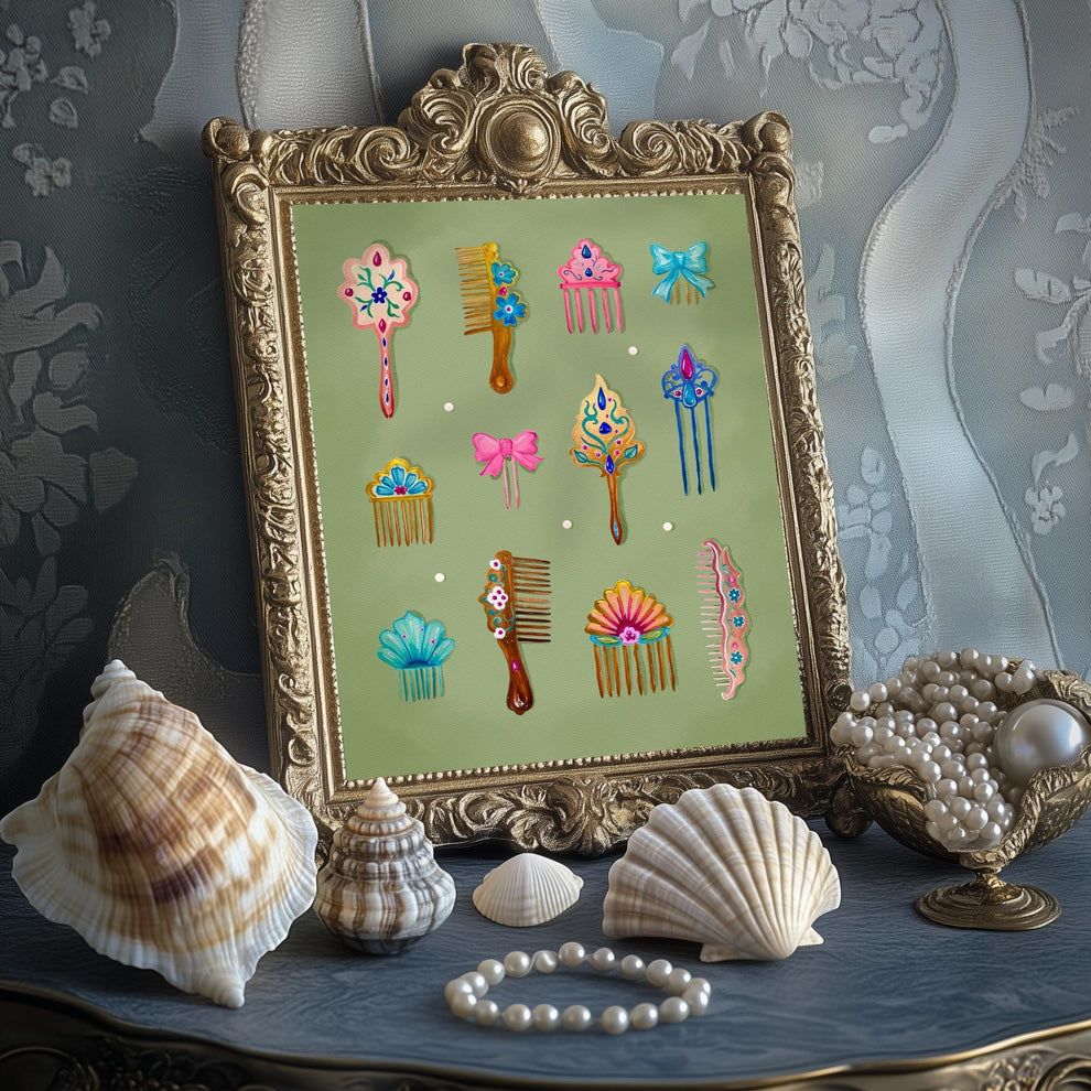 Mermaid Combs Wall Art – Surreal Vintage Hair Comb Art Print, Ocean Coquette Wall Decor, Whimsical Mermaidcore Beauty Art