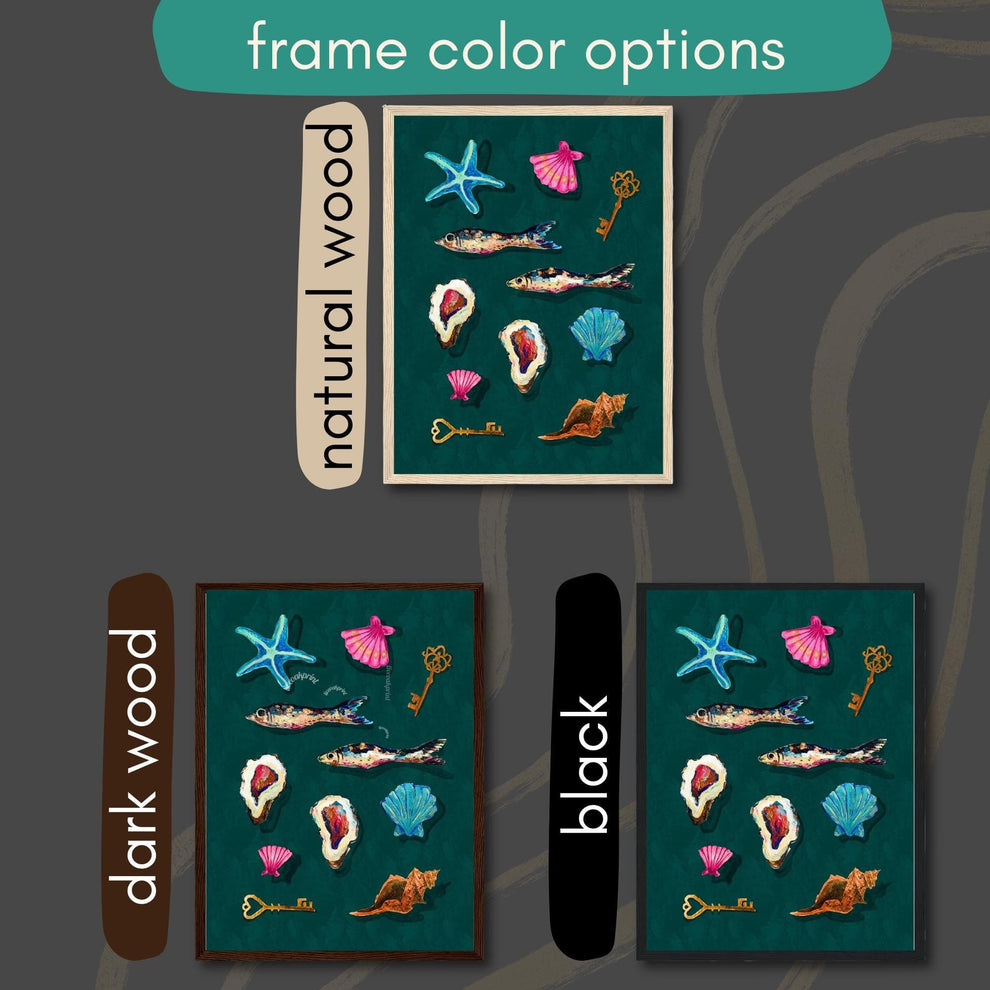 Cabinet of Sea Curiosities – Dark Coastal Decor Print, Surreal Mermaidcore Wall Art, Vintage Shell & Fish Illustration, Maximalist Ocean