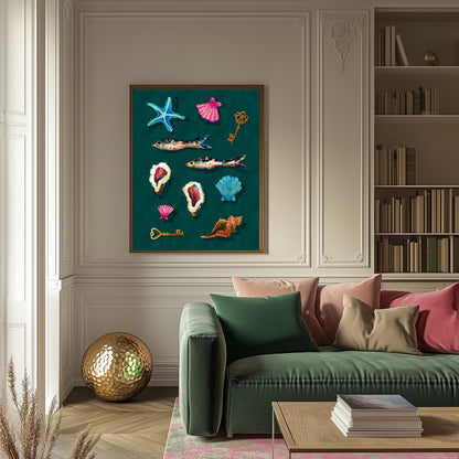 Cabinet of Sea Curiosities – Dark Coastal Decor Print, Surreal Mermaidcore Wall Art, Vintage Shell & Fish Illustration, Maximalist Ocean