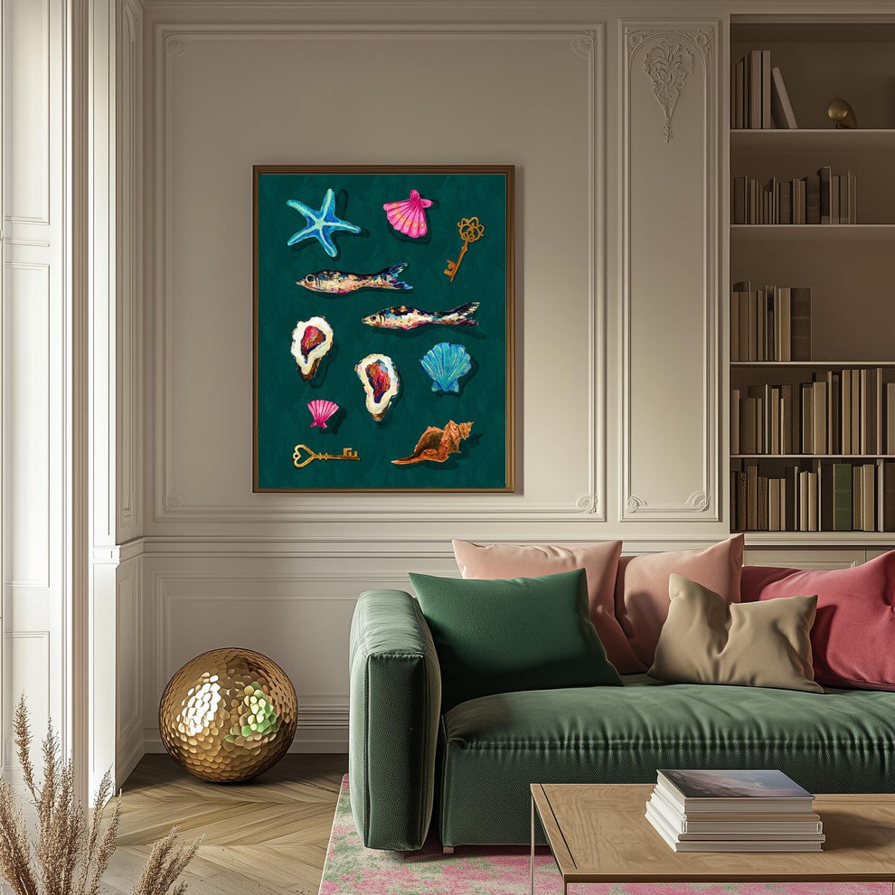 Cabinet of Sea Curiosities – Dark Coastal Decor Print, Surreal Mermaidcore Wall Art, Vintage Shell & Fish Illustration, Maximalist Ocean