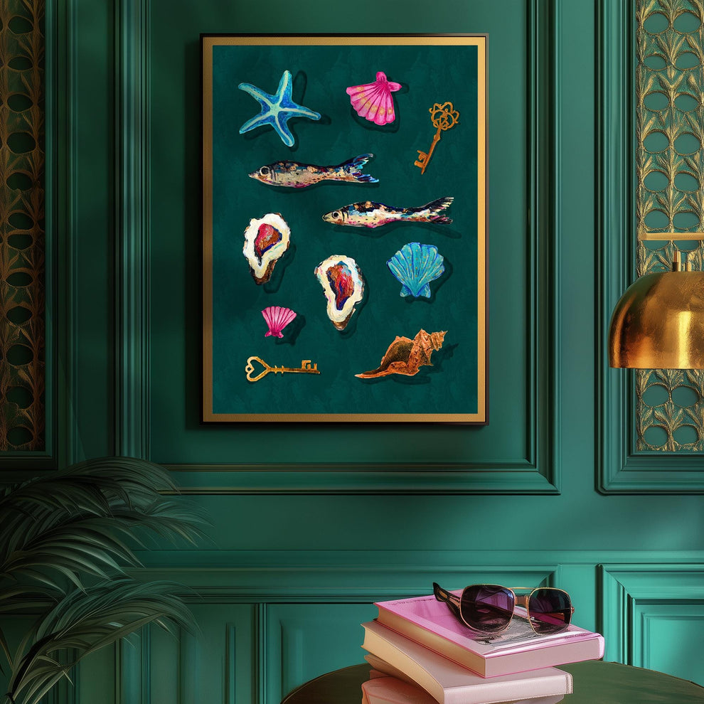 Cabinet of Sea Curiosities – Dark Coastal Decor Print, Surreal Mermaidcore Wall Art, Vintage Shell & Fish Illustration, Maximalist Ocean