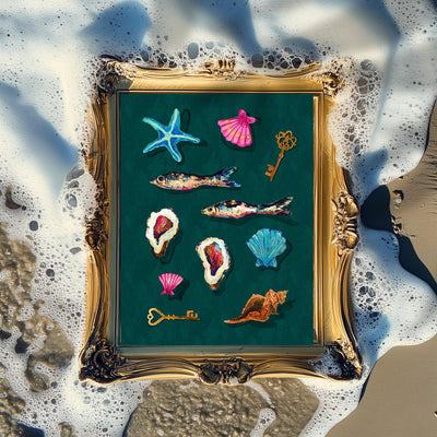 Cabinet of Sea Curiosities – Dark Coastal Decor Print, Surreal Mermaidcore Wall Art, Vintage Shell & Fish Illustration, Maximalist Ocean