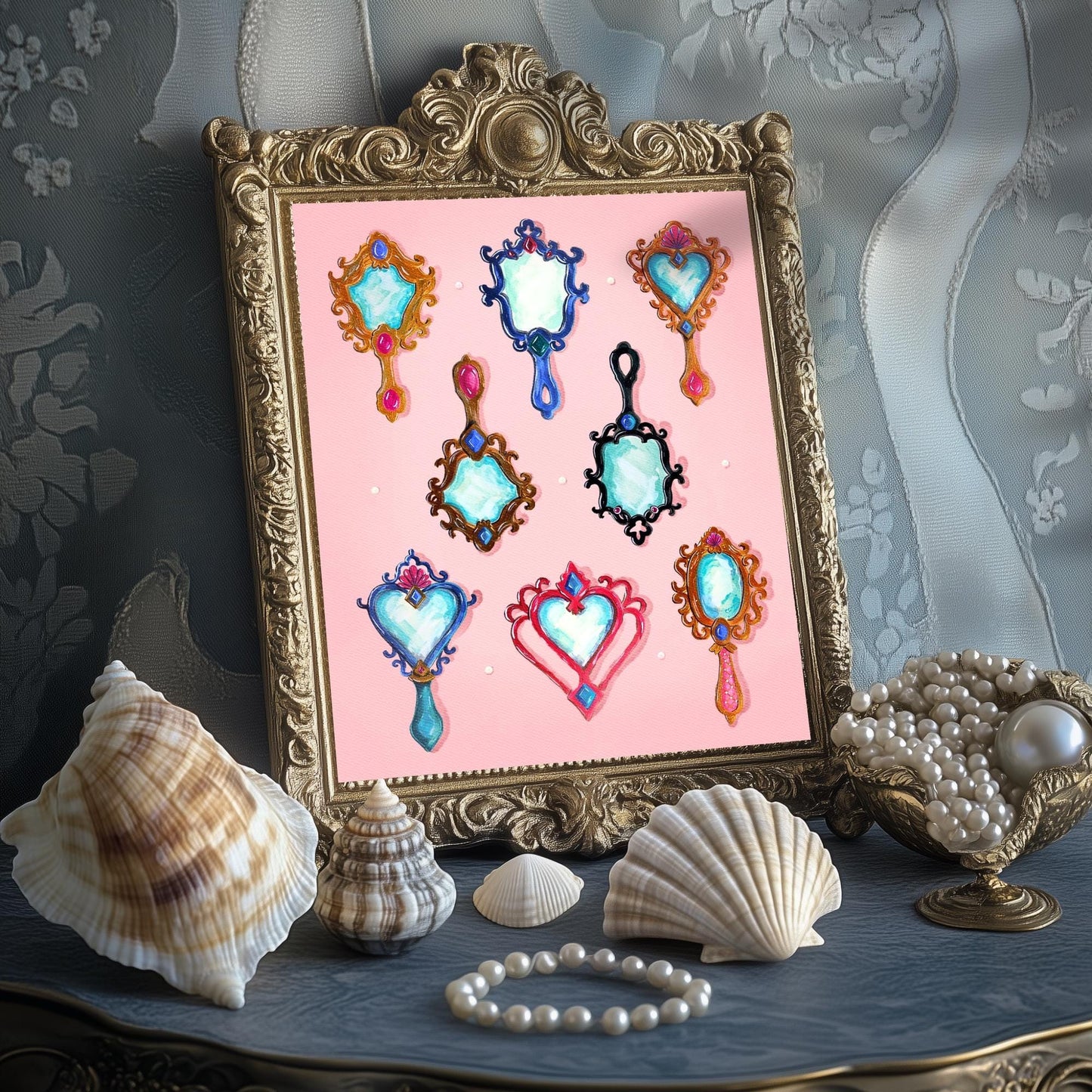 Mermaid Mirrors – Coquette Vanity Art Print, Vintage Aesthetic Decor, Pastel Mermaidcore Wall Art