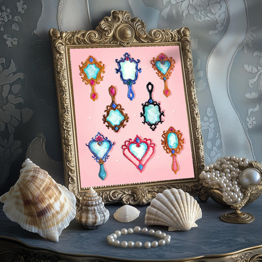 Mermaid Mirrors – Coquette Vanity Art Print, Vintage Aesthetic Decor, Pastel Mermaidcore Wall Art
