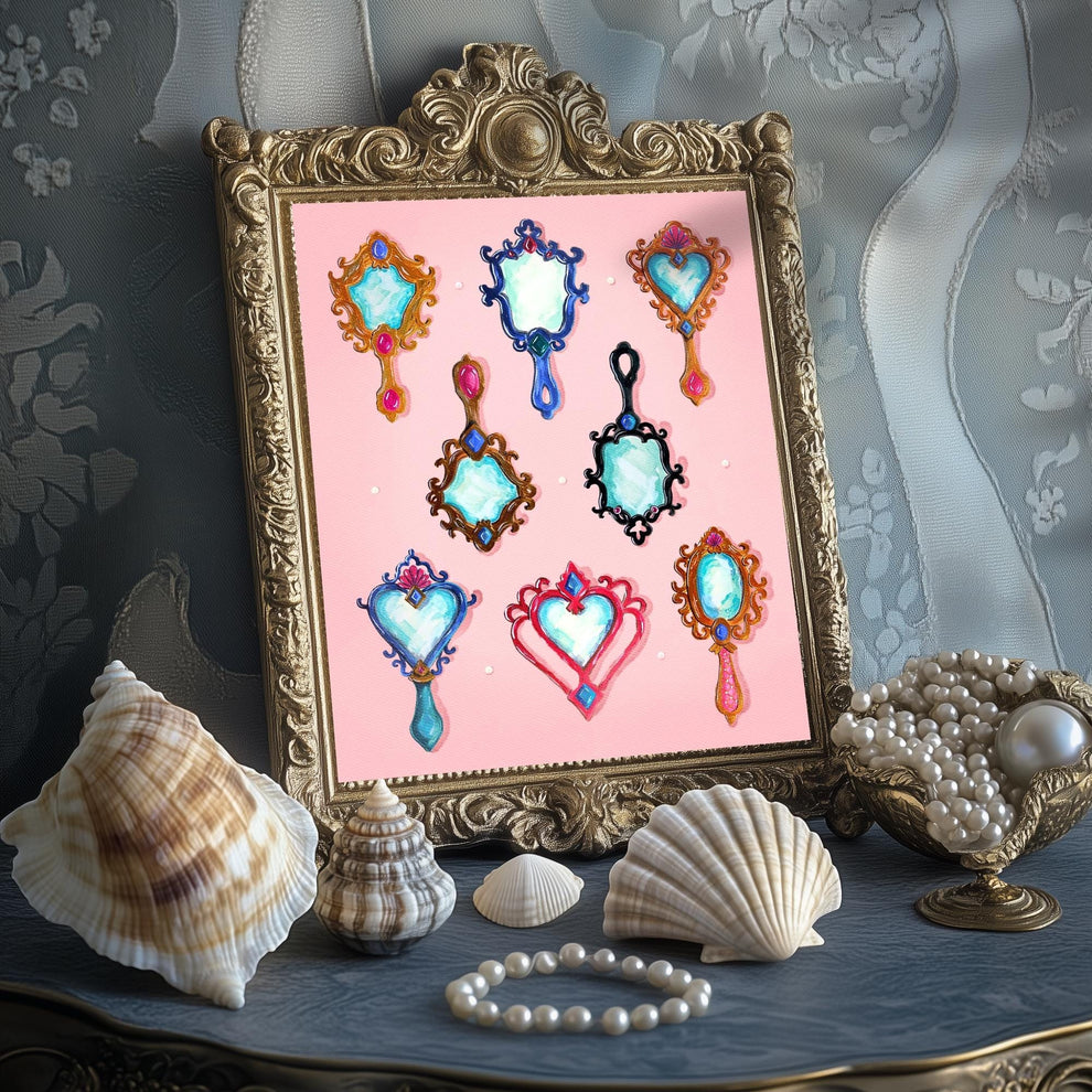 Mermaid Mirrors – Coquette Vanity Art Print, Vintage Aesthetic Decor, Pastel Mermaidcore Wall Art