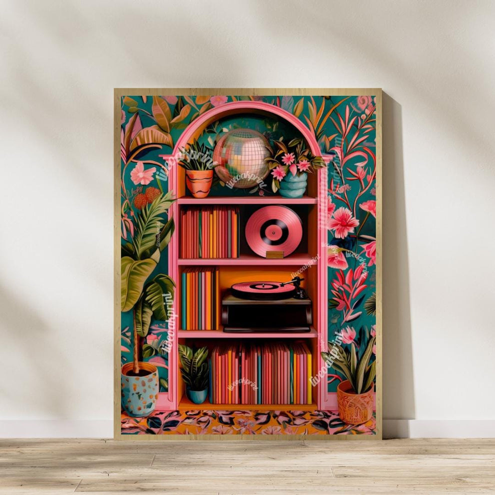 Disco Library and Record Player Art – Set of 2 Prints – Funky Maximalist Wall Art – Bold Vintage-Inspired Decor – Music & Book Lover Gift