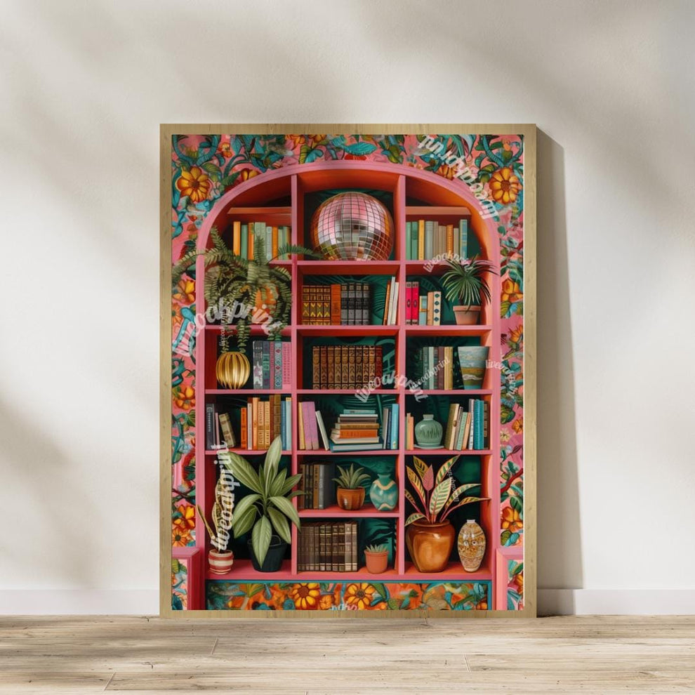 Disco Library and Record Player Art – Set of 2 Prints – Funky Maximalist Wall Art – Bold Vintage-Inspired Decor – Music & Book Lover Gift