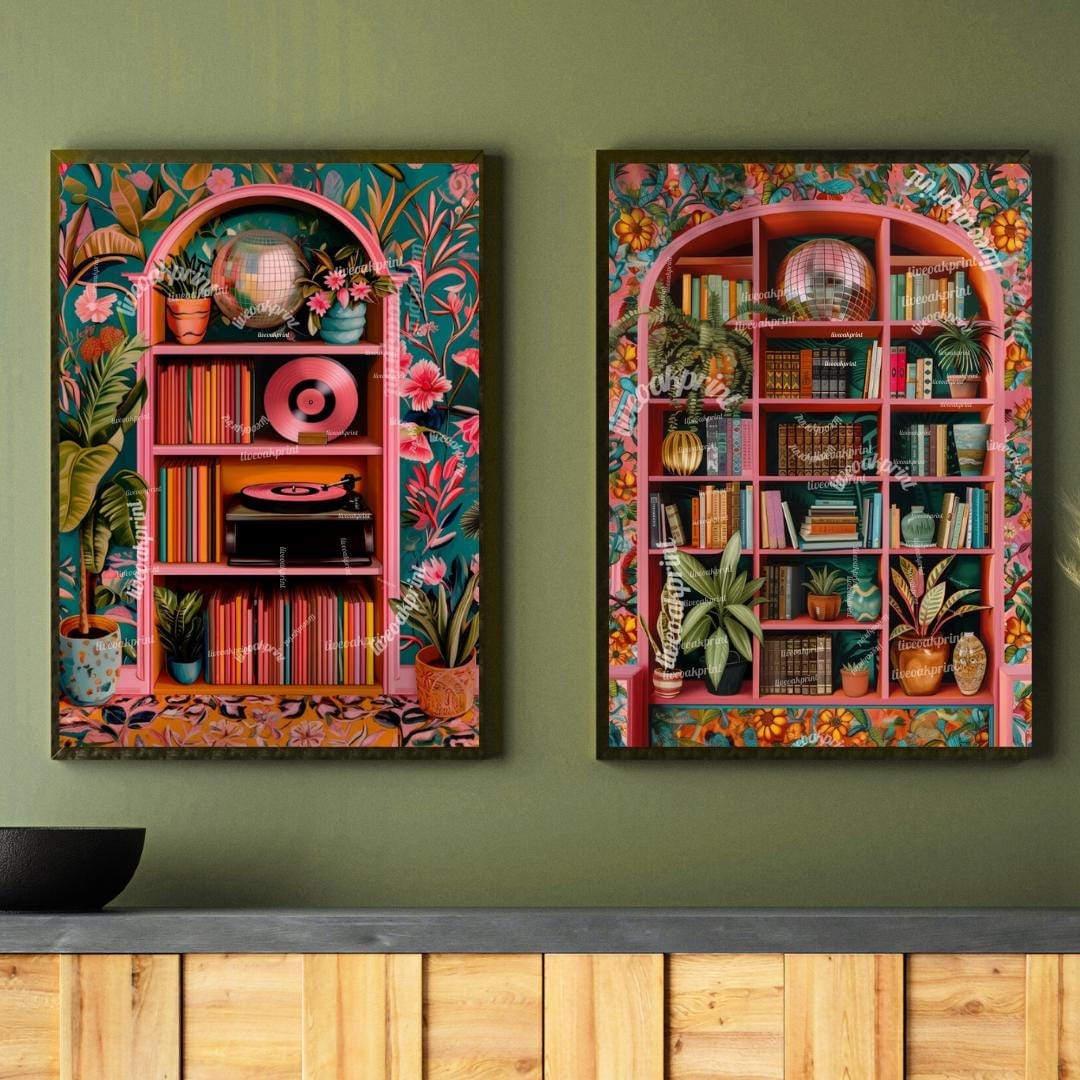Disco Library and Record Player Art – Set of 2 Prints – Funky Maximalist Wall Art – Bold Vintage-Inspired Decor – Music & Book Lover Gift