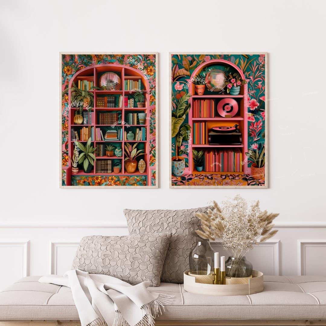Disco Library and Record Player Art – Set of 2 Prints – Funky Maximalist Wall Art – Bold Vintage-Inspired Decor – Music & Book Lover Gift