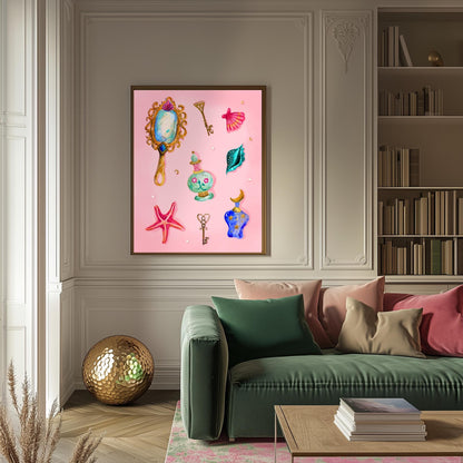 Pearls and Things – Coquette Vanity Print – Pastel Coastal Wall Art – Dark Feminine Ocean Decor – Mystical Mermaidcore Aesthetic